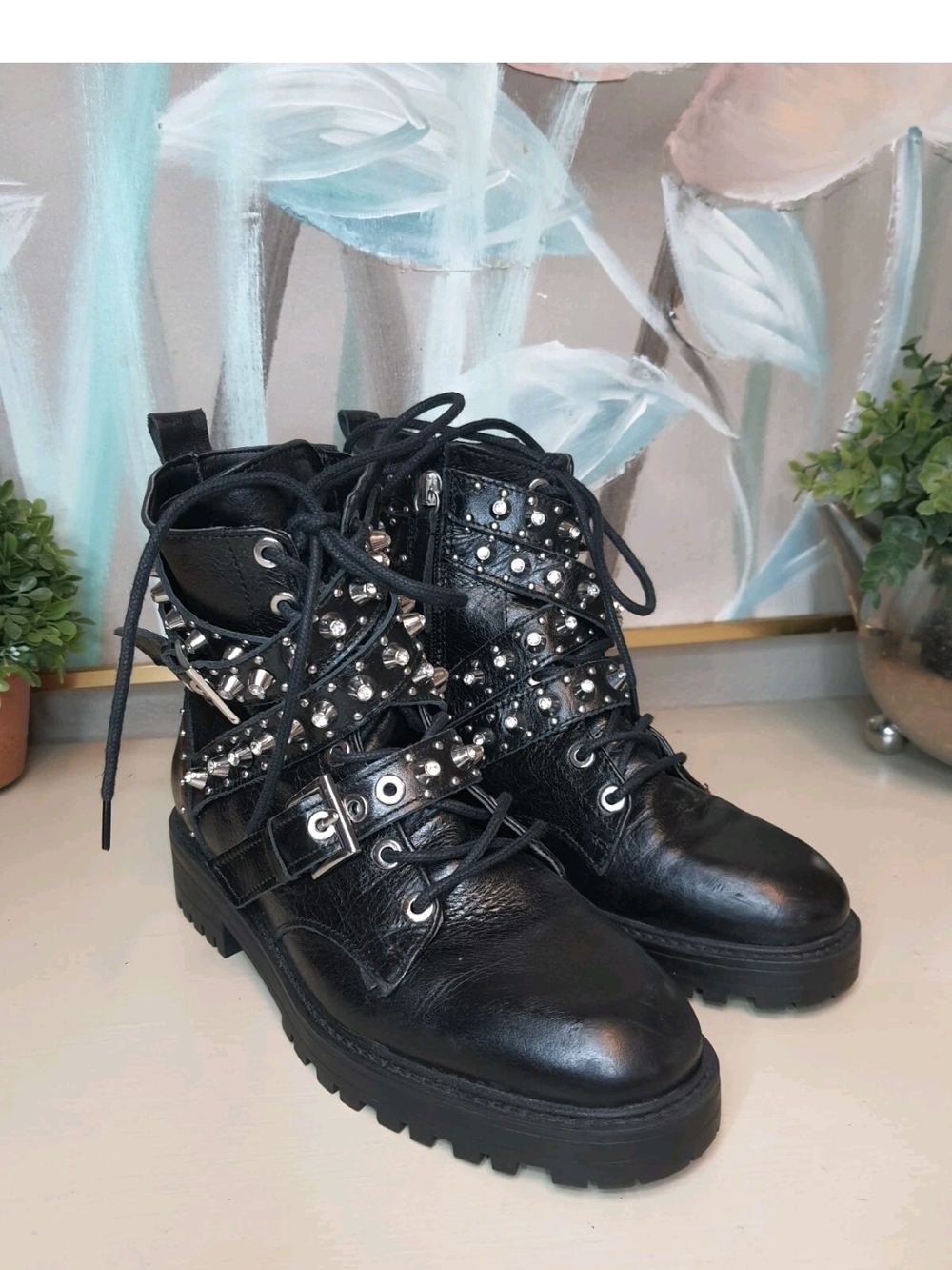 Zara Black Studded Lace-Up Combat Booties